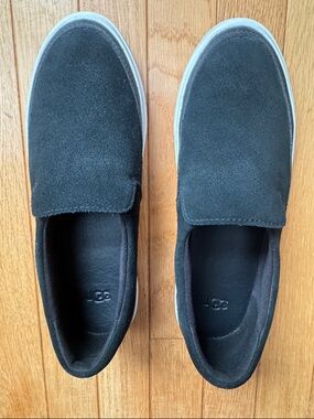 UGG Black Suede Slip-On Flats with White Outsole
